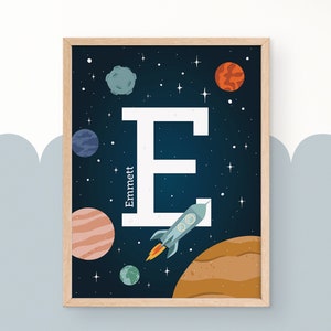 Colorful kids space name print, monogram wall art, space letter with rocket