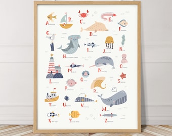 Ozean Meerestiere Alphabet, perfekt für ein Ozean Thema Kinderzimmer, nautische Meerestiere Druck