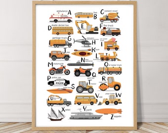 Transportation alphabet wall art, Car poster, educational print, alphabet nursery print