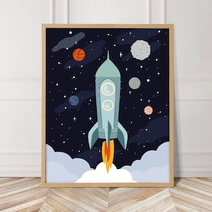 Space rocket print with planets and stars, perfect for an outer space nursery or kids room