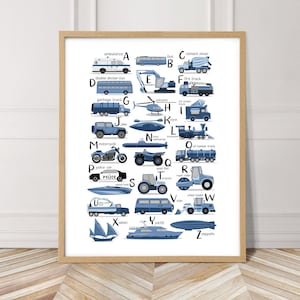 Blue transportation alphabet wall art, educational print, alphabet nursery print, Car poster