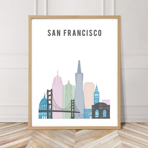 San Francisco skyline poster, pastel city scape wall art, city skyline art, travel decor, gift