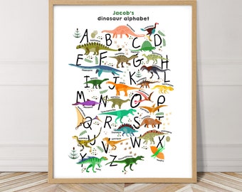 Personalized dinosaur alphabet print, perfect for a dinosaur themed kids room or nursery!