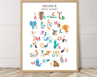 Impression personnalisée d’alphabet animal, affiche d’alphabet animal, art personnalisé de mur de pépinière, affiche d’animal de bébé