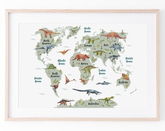 Dinosaur world map poster, dinosaur wall art, dinosaur wall decor, boys room, dinosaur nursery art