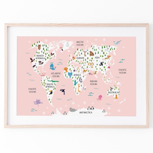 Pink world map print, nursery world map, pink nursery decor, safari nursery art, travel nursery decor