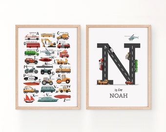 Set of 2 transportation alphabet and custom name wall art, name sign for nursery boy