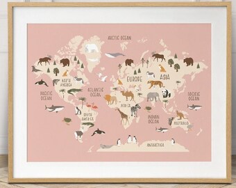 Muted pink kids world map print with animals of the world, perfect for your nursery accent wall!