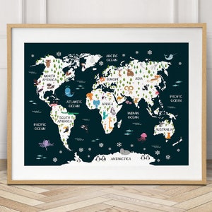 May include: A colorful world map with animals and oceans on a dark blue background. The map includes continents, oceans, and animals native to each region. The map is framed in a light wood frame.