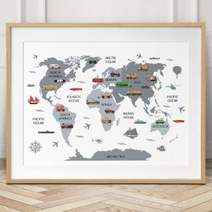 World map transportation poster in grays, travel nursery decor, world map wall art canvas