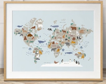 Mapa świata dla dzieci, wydrukowana na ścianę, idealna do pokoju dziecięcego lub pokoju dziecięcego o tematyce podróżniczej!