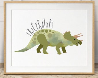 Triceratops green watercolor dinosaur, dinosaur nursery prints, dinosaur Nursery, boys dinosaur decor