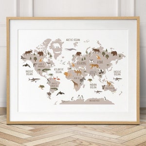 Mapa del mundo animal para niños en blanco, ¡perfecto para un safari o una habitación infantil temática en la jungla! Estilo escandinavo minimalista