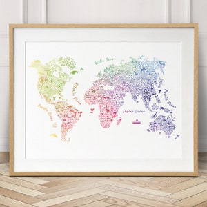 Rainbow world map wall art, colorful map for kids room, world map nursery print, travel map