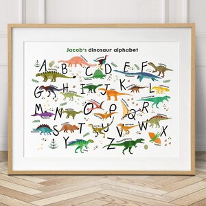 Stampa personalizzata di dinosauri, arte murale del vivaio, decorazione di dinosauri, regalo personalizzato, arte murale, poster stampabile in alfabeto