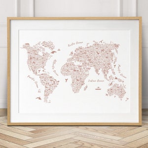 Arte de la pared del mapa del mundo, rosa oscuro, mapa para la habitación de los niños, guardería del mapa del mundo, mapa de viaje