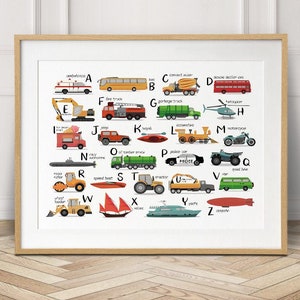 Transportation alphabet wall art,  alphabet nursery print, educational print, Car poster