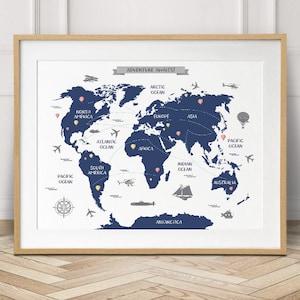 Póster del mapa del mundo, decoración de vivero de viajes, lienzo de arte de pared del mapa del mundo, aventura espera impresión