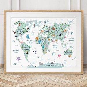 Affiche de carte du monde, décor de pépinière, carte de voyage, toile de carte du monde, cadeau de bébé, art de mur de carte du monde, décor de pièce d’enfants, imprimable, pépinière, art de mur