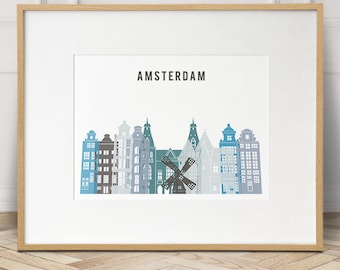 Amsterdam cityscape wall art, city skyline art poster, travel decor, gift