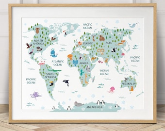 World map poster, nursery decor, travel map, world map canvas, baby gift, world map wall art, kids room decor, printable, nursery, wall art