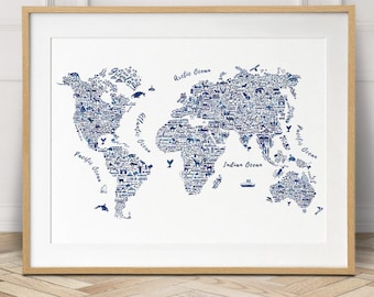 World map printable wall art, watercolor world map, travel nursery decor
