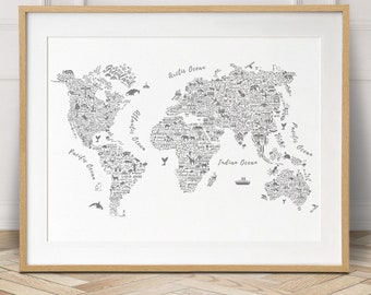 World map wall art, poster, baby, gift, art prints, world map, home decor, nursery decor, printable, baby shower, adventure time, farmhouse
