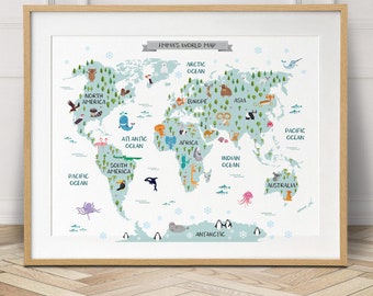 Personalized world map, printable wall art, travel nursery