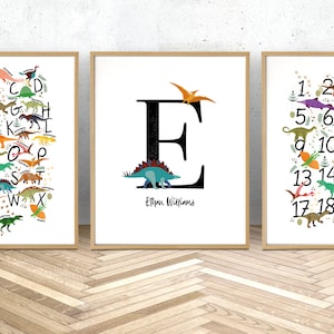 Dinosaur nursery decor, set of 3 art prints, personalised dinosaur decor, dinosaur name print, printable wall art, custom