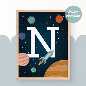 Arte de pared espacial, Letra N, Bebé personalizado, Arte de pared para niños