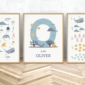 Set of 3 ocean sea alphabet and numbers wall art in blue, personalised ABC and numbers nursery art set, educational prints