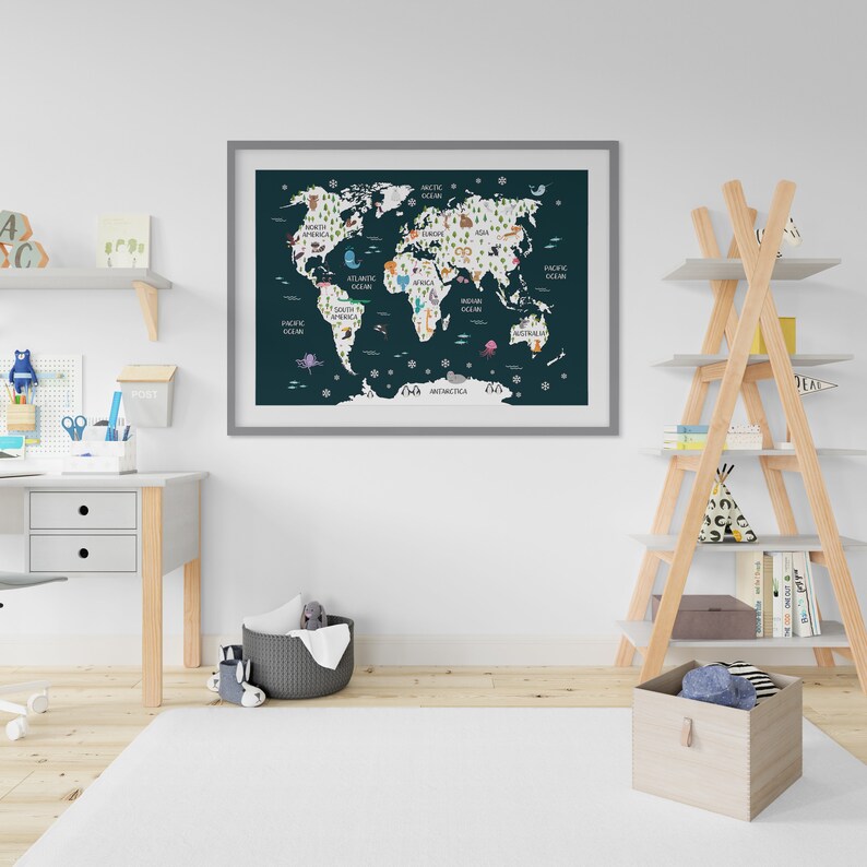 Dark Navy World Map Print Nursery World Map Blue Nursery Etsy