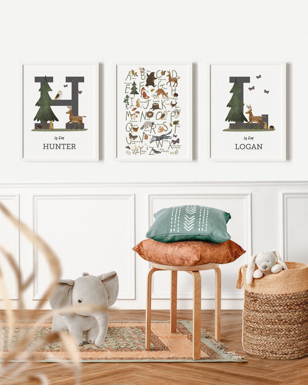 Set of 3 Woodland Animal Alphabet, Numbers and 2 Custom Name Prints ...