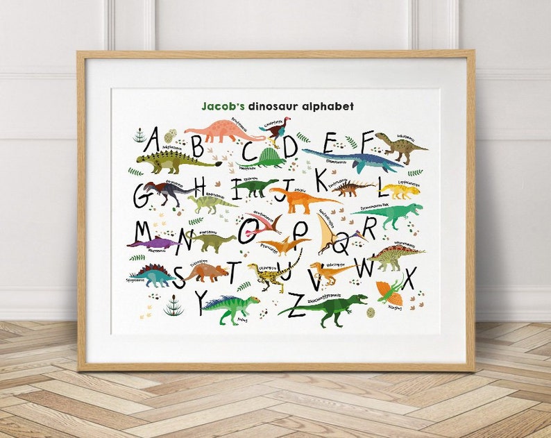 Personalized dinosaur print, nursery wall art, dinosaur decor, custom gift, wall art, alphabet printable poster image 1