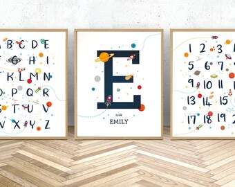 Space wall art set of 3 prints, space themed nursery, Custom baby name print