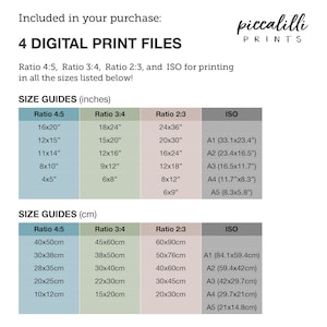 May include: A chart showing different print file sizes in inches and centimetres for digital prints. The chart includes ratios of 4:5, 3:4, 2:3, and ISO standard sizes.