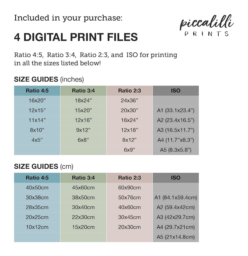 May include: A chart showing different print file sizes in inches and centimetres for digital prints. The chart includes ratios of 4:5, 3:4, 2:3, and ISO standard sizes.