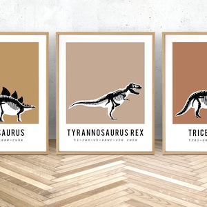 Set of 3 Dinosaur skeleton fossil prints, neutral earth tones wall art