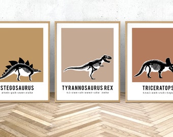 Set of 3 Dinosaur skeleton fossil prints, neutral earth tones wall art