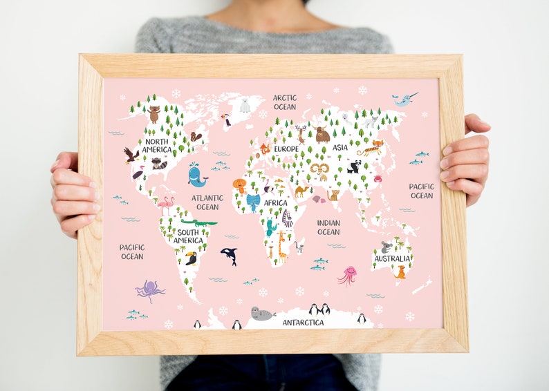 Pink world map print nursery world map pink nursery decor Etsy