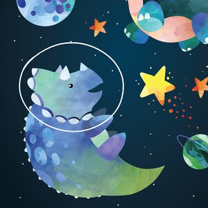 May include: A blue and green dinosaur wearing a space helmet floats in space with a blue moon, stars, and a green planet in the background.