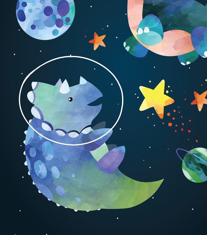 May include: A blue and green dinosaur wearing a space helmet floats in space with a blue moon, stars, and a green planet in the background.