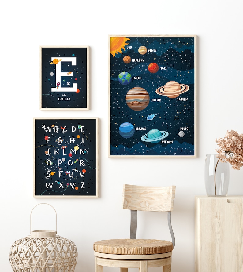 space themed nursery Space wall art set of 3 prints Custom baby name print outer space decor solar system print