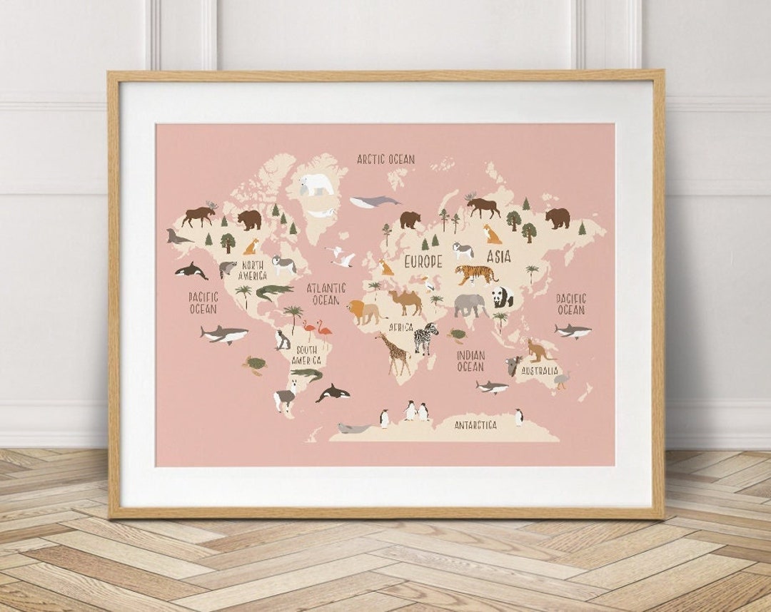Muted Pink Kids World Map Print With Animals of the World, Perfect for ...