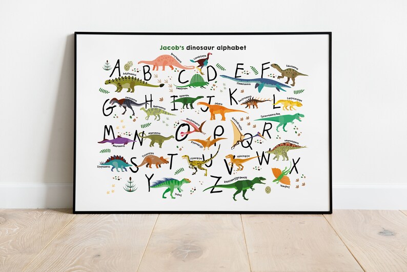 Personalized dinosaur print, nursery wall art, dinosaur decor, custom gift, wall art, alphabet printable poster image 4