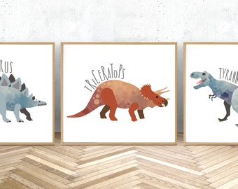 Conjunto de 3 impresiones de vivero de dinosaurios, arte de pared de dinosaurios, dinosaurio de acuarela, lienzo de dinosaurio