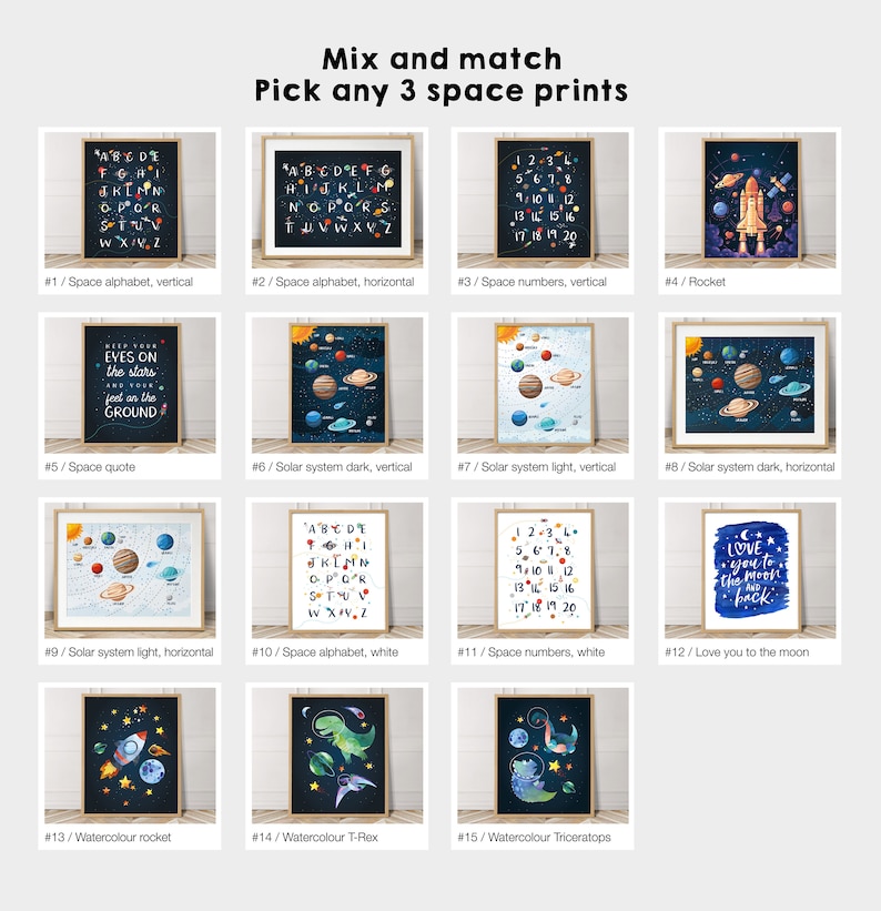 Mix and match choose any 3 prints set of 3 printable wall art solar system print Space themed nursery bedroom prints set of 3