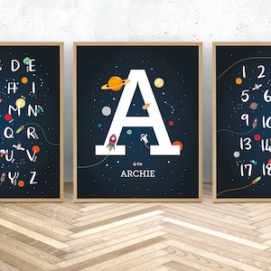 Conjunto de arte de pared espacial de 3 impresiones, impresión personalizada del nombre del bebé, inicial del monograma personalizado, carteles imprimibles del alfabeto de los niños