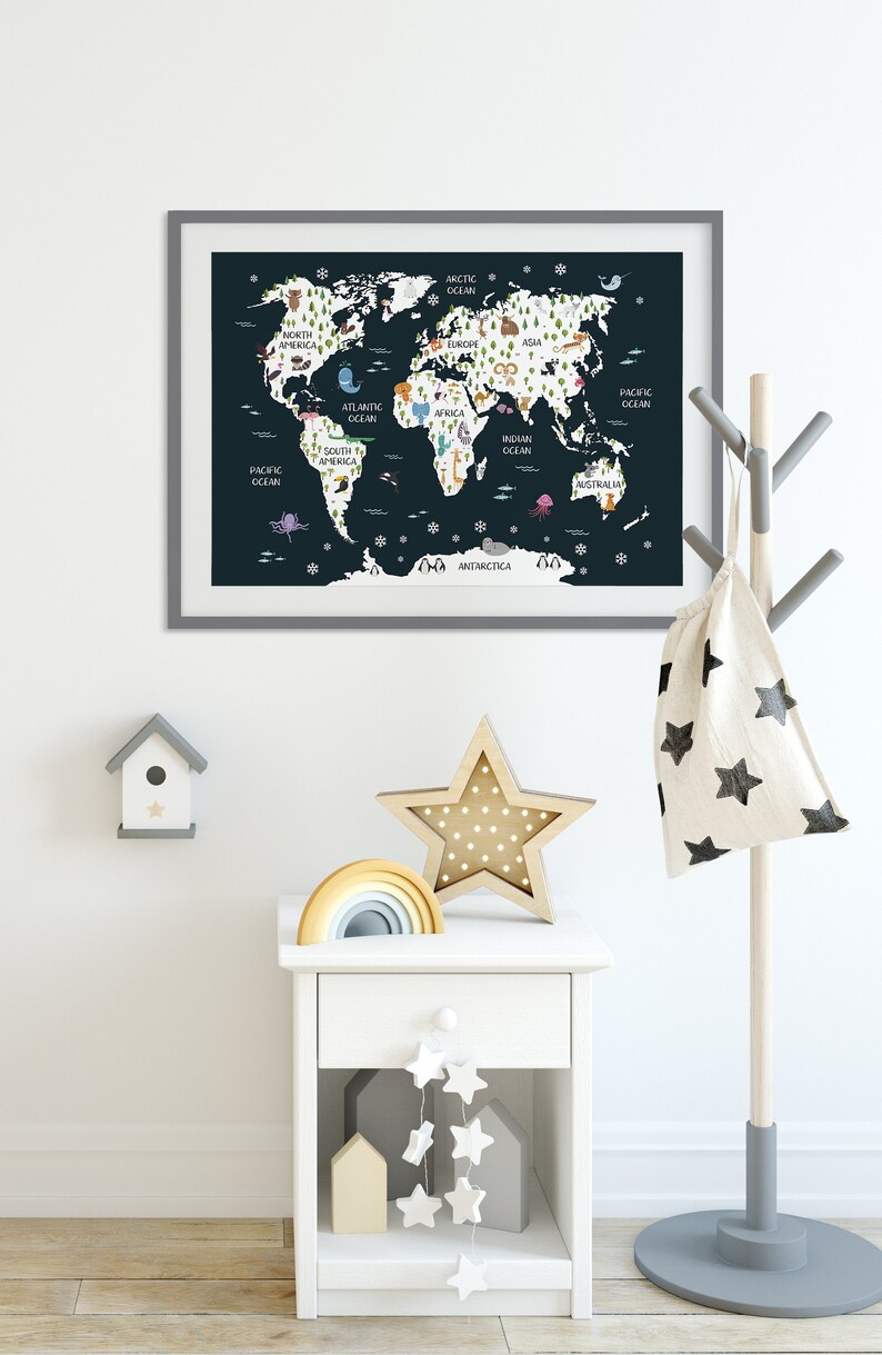 Dark Navy World Map Print Nursery World Map Blue Nursery Etsy
