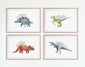 Zestaw 4 wydruków dziecięcych z dinozaurami, sztuka ścienna z dinozaurami, akwarelowy dinozaur, płótno z dinozaurami